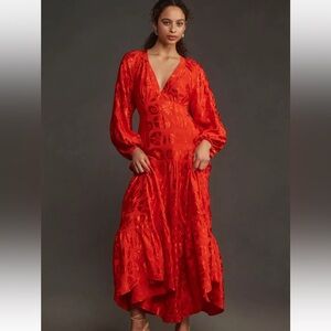 Farm Rio Long-Sleeve V-Neck Jacquard Maxi Dress Size Medium